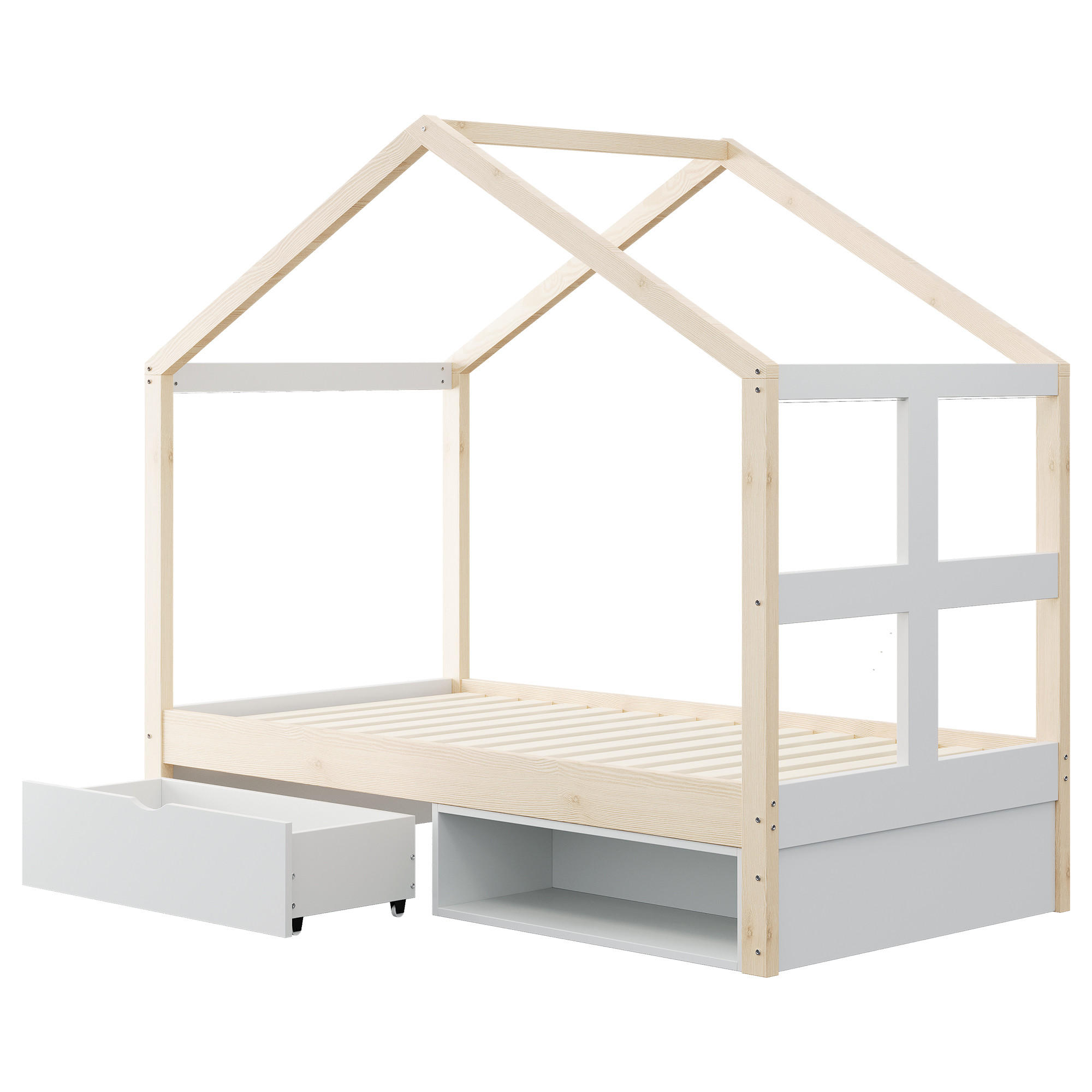HAUSBETT 90/190 cm in Weiß & Natur mit Schublade, Schuhschrank und LED im Haus-Design - Naturfarben, Holzwerkstoff (90/190cm) - STILVORA
