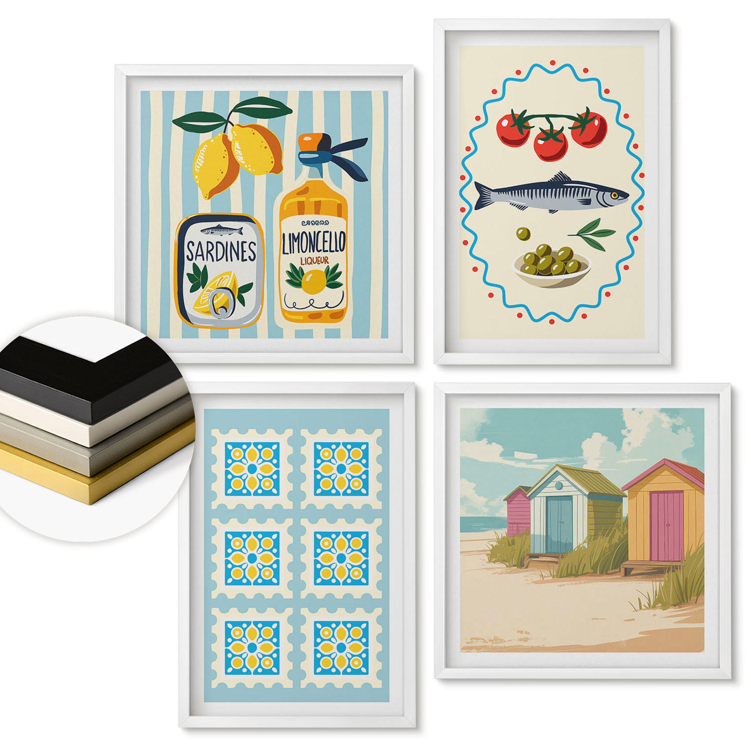 WANDBILDER 4er-Set - 50x50 cm & 40x60 cm Weißer Rahmen - Illustrationen der mediterranen Küche - Weiß, Kunststoff (50/50cm) - ArtPrintCave