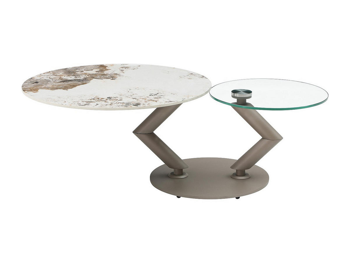 COUCHTISCH mit drehbaren Tischplatten - Keramik, Sicherheitsglas & taupefarbenes Metall - Marmor-Optik Weiß & Grau - ELDOVA - Taupe, Glas (130/80/43cm) - Vente-Unique