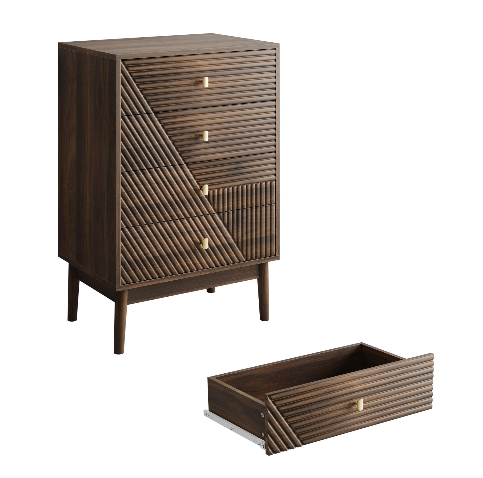 KOMODA z MDF a dřevotřísky 60x40x90 cm ořechová se 4 zásuvkami v moderním stylu - barva vlašského ořechu, kompozitní dřevo (60/90/40cm) - Modfu