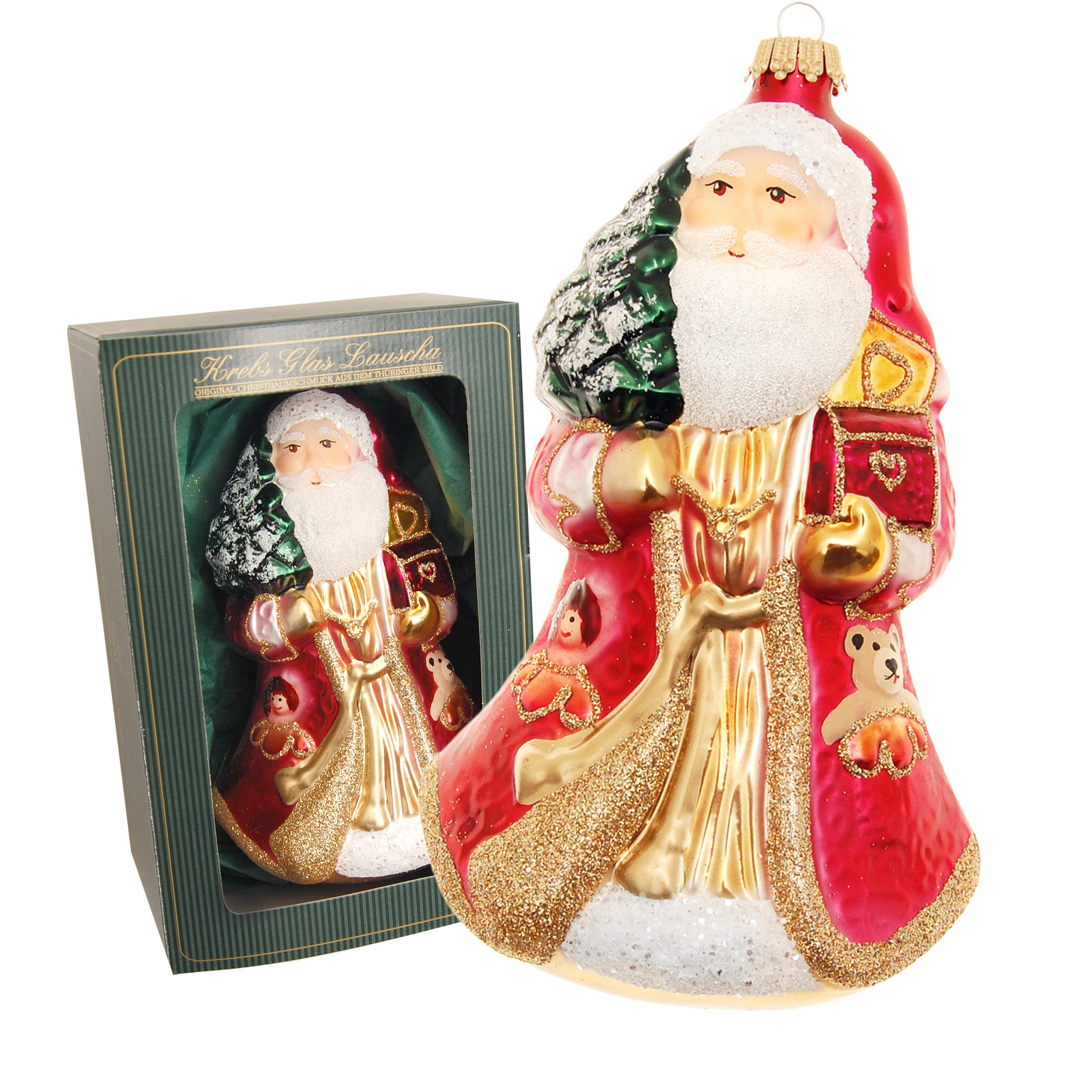 CHRISTBAUMSCHMUCK Weihnachtsmann Schatztruhe Rot 15cm (Glas / 1 Stk.) - Rot, Glas (4/15/4cm) - Krebs Glas Lauscha