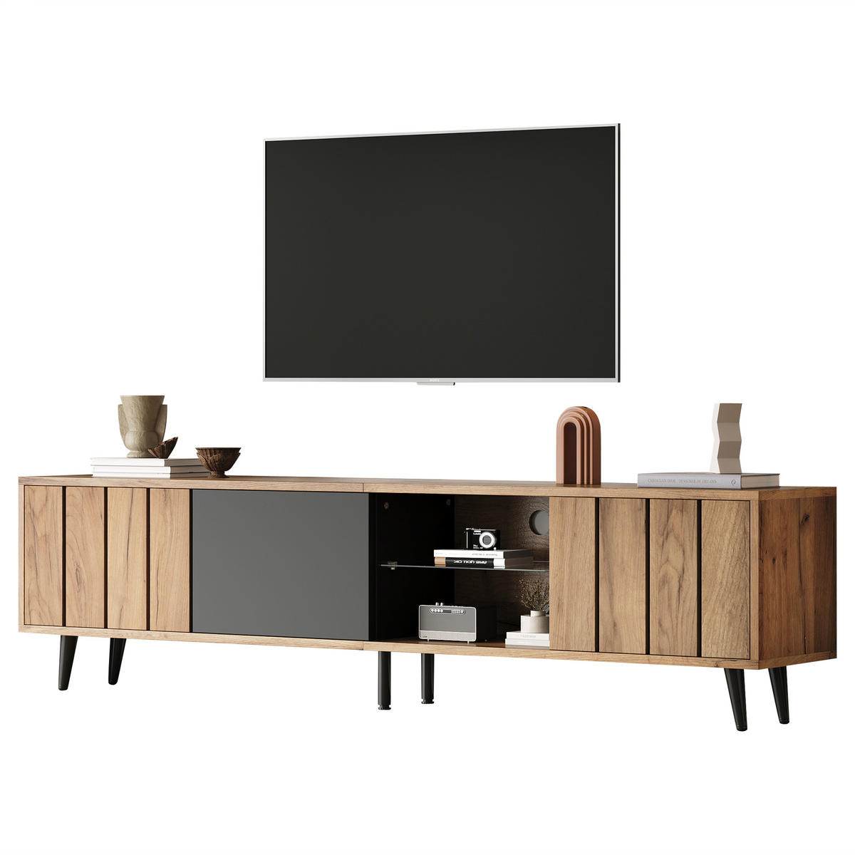 TV-SCHRANK 175x31cm Lowboard 3 Schränke Naturholz & Schwarz bis 75 Zoll - Braun, Holz (41.91/21.01/104.78cm) - FLIEKS