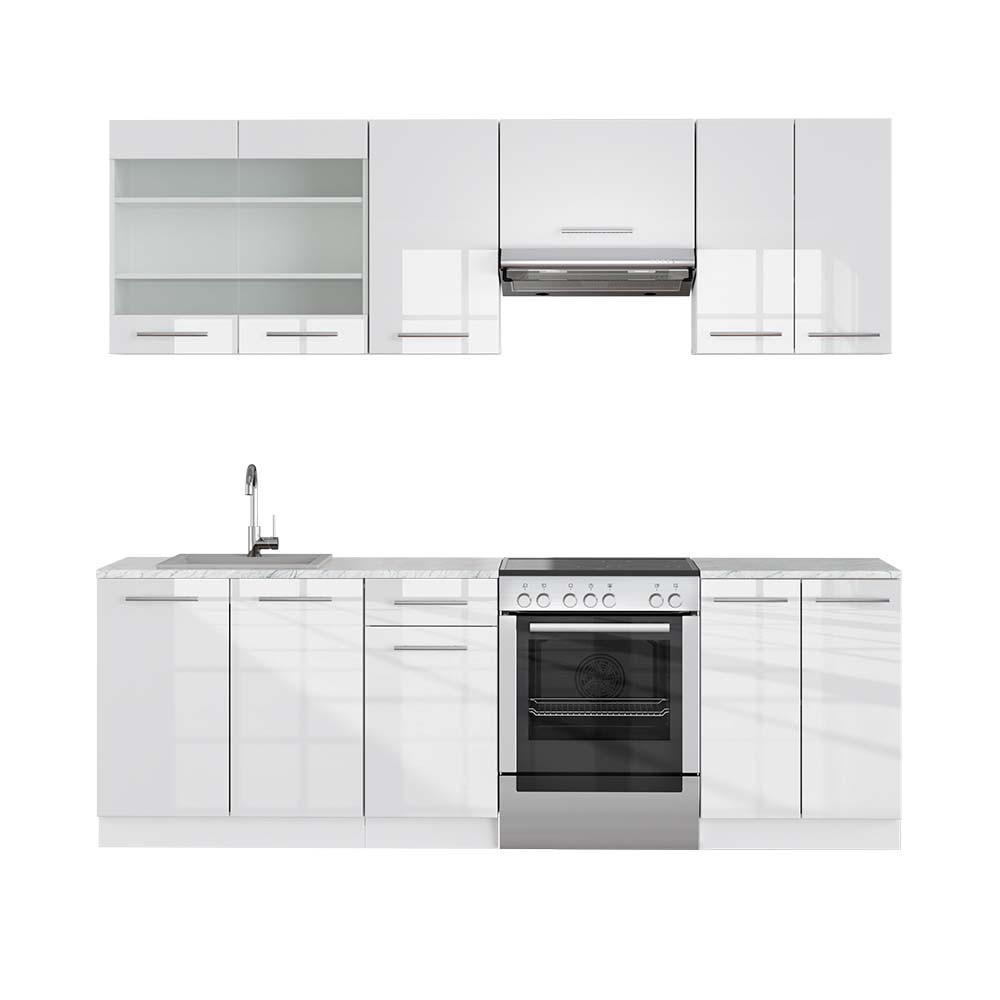 KÜCHENZEILE Fame-Line Weiß Hochglanz/Weiß 240 cm, AP Marmor - Weiß Hochglanz/Weiß, Holzwerkstoff (240/81.6/60cm) - Vicco