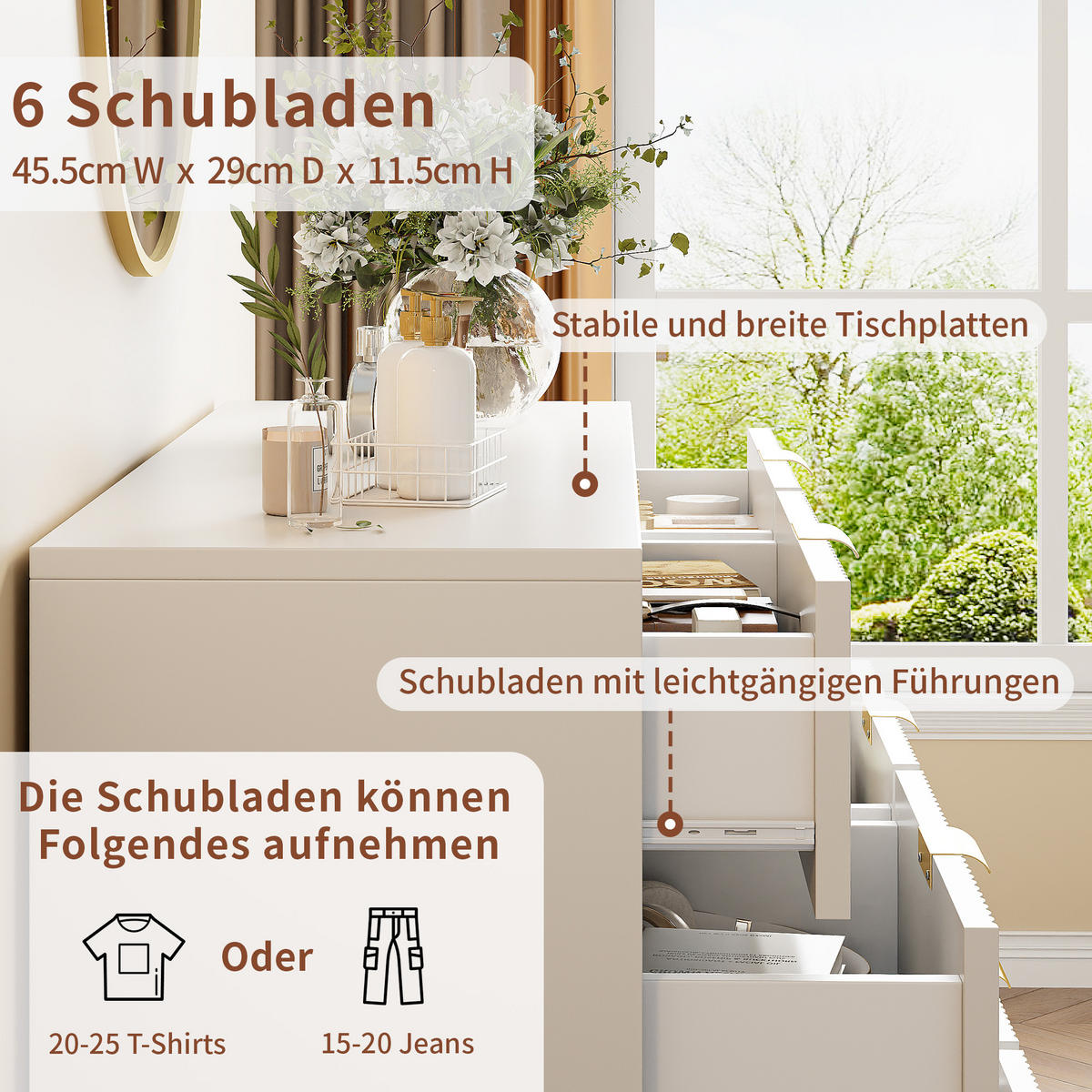 KOMMODE mit 6 Schublanden 100x34x73cm Aufbewahrungsschrank - Weiß, Holz (34/73/100cm)