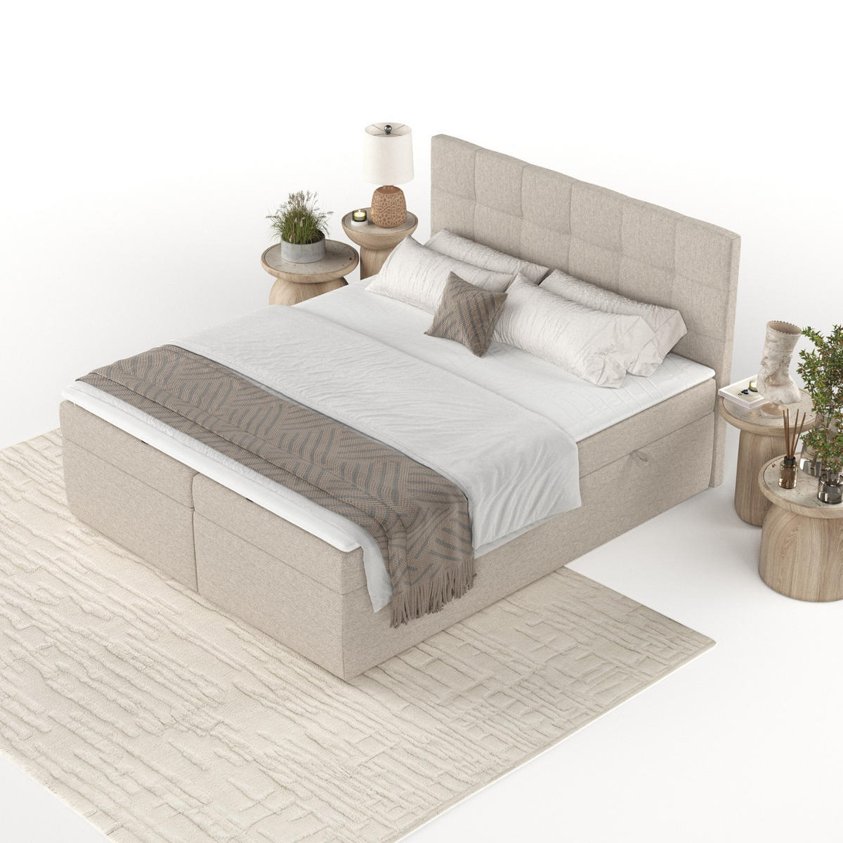 BOXBETT Lean 160/200 cm Hellbeige im Megan Stoff - Sandfarben/Schwarz, Holz/Holzwerkstoff (160/200cm) - AltaBeds