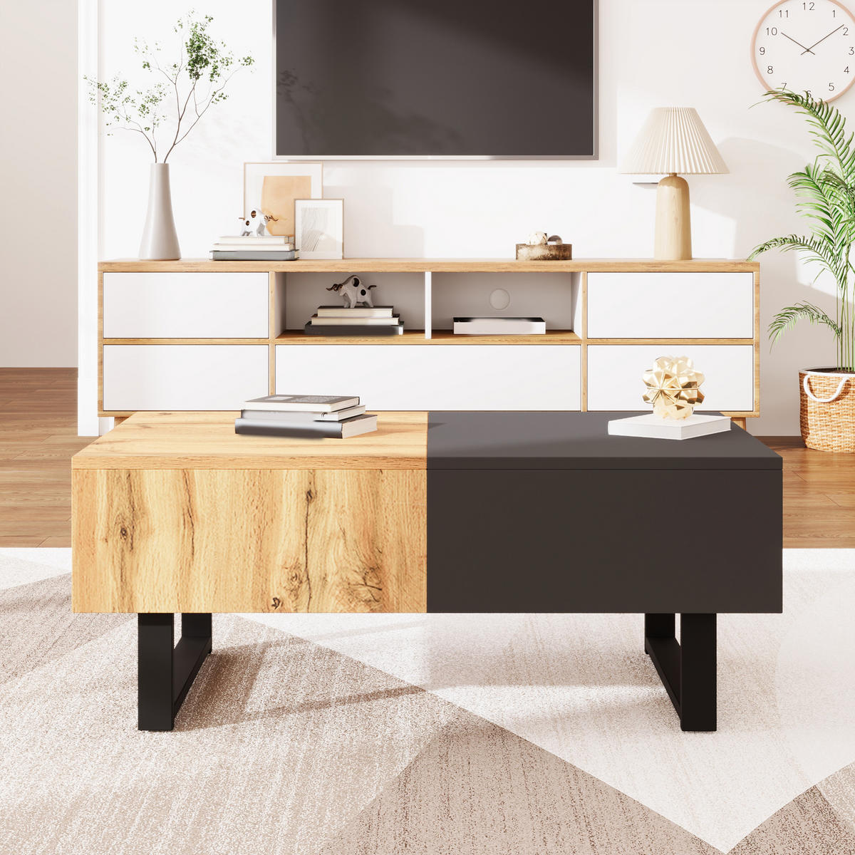 COUCHTISCH mit versteckter Aufbewahrung verschiebbar Holz- und Metallhalterung 155/55/40 cm - Anthrazit/Schwarz, Holzwerkstoff/Metall (155/55/40cm) - EVRYAE