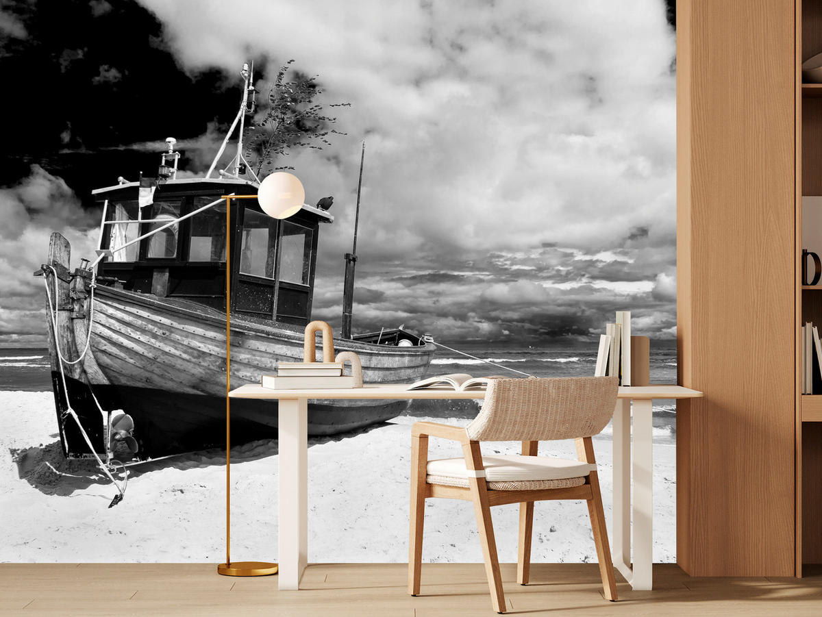 FOTOTAPETA Pre Obývaciu Izbu Čierno-Biela Loď Pláž More 450 x 315 cm - čierna/sivá, papier (450/315cm) - Muralo