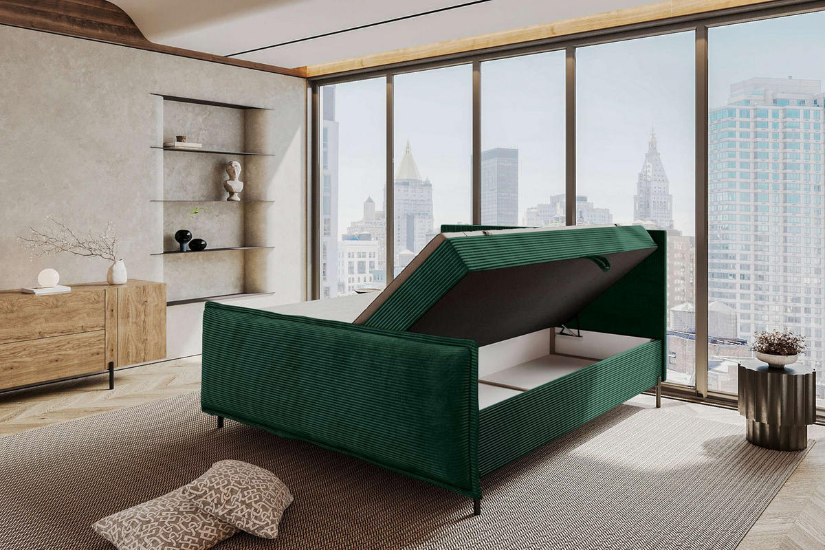 BOXSPRINGBETT VERO PLUS Cordstoff Dunkelgrün 160/200 cm - Dunkelgrün/Schwarz, Holzwerkstoff/Textil (160/200cm) - 99rooms