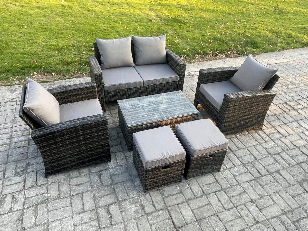 GARTENSOFA SET mit Couchtisch Polyrattan Dunkelgrau 6-Sitzer - Dunkelgrau, Metall - Fimous