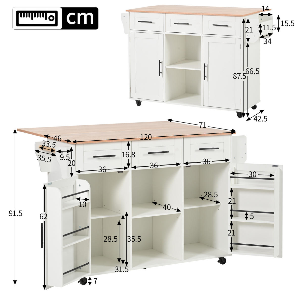 KÜCHENWAGEN 139/46(71)/91,5 cm in Weiß mit klappbarer Platte und Stauraum - Weiß, Holzwerkstoff (139/91.5/46cm) - Flora Grace