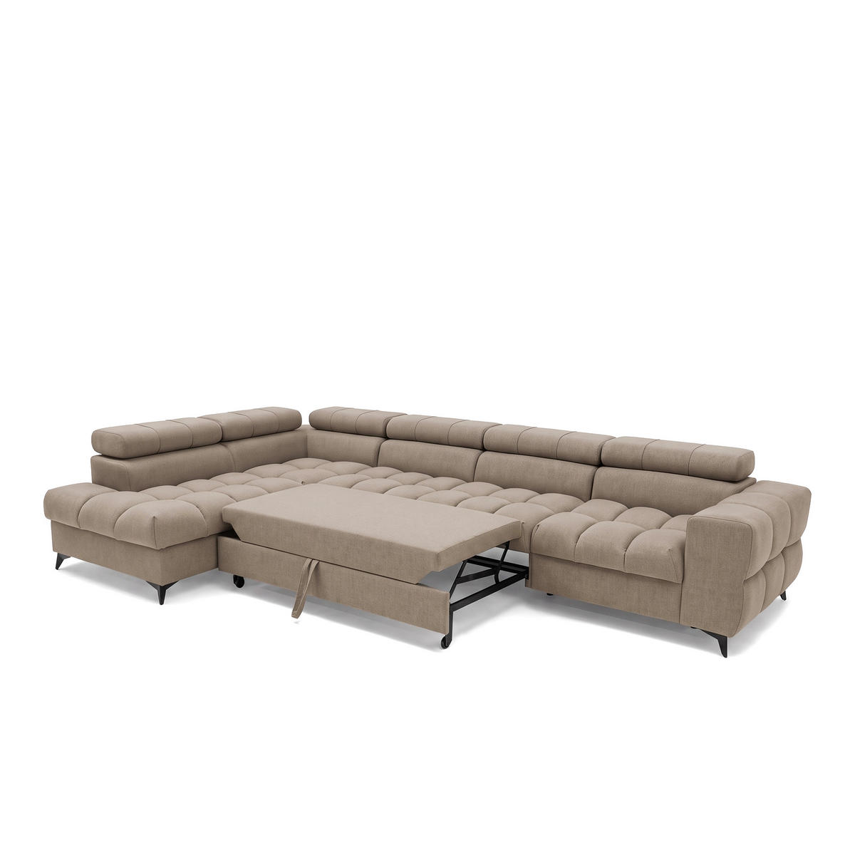 ECKSOFA PUDDING MAXI L Links mit Schlaffunktion 125x195 Velours Beige - Beige/Schwarz, Holz/Textil (203/350cm) - Muffo