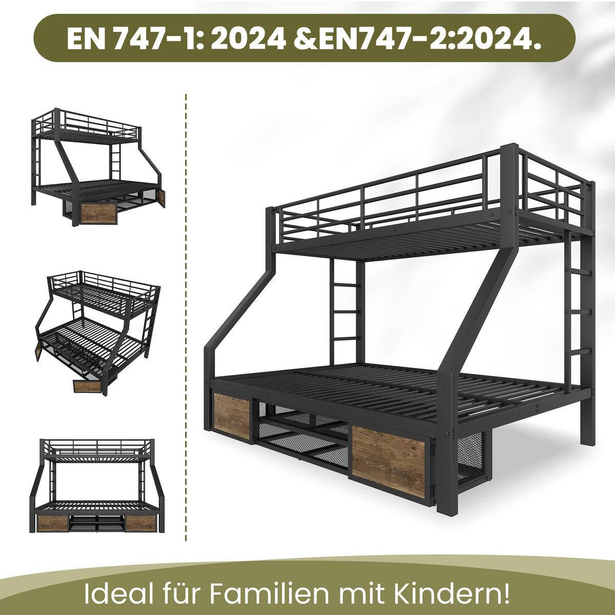 ETAGENBETT 90x200cm + 140x200cm Schwarz Kinderbett Schuhschrank EN747 - Schwarz, Metall (140/200cm) - FLIEKS