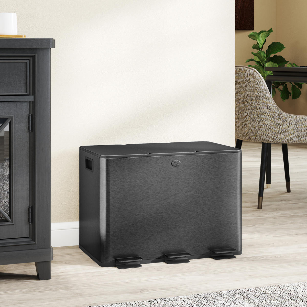 MÜLLEIMER 3x20L Abfalleimer aus Edelstahl mit Softclose Deckel Deodorant-Fächern - Schwarz, Metall (36.6/56.7/61.9cm) - HOMCOM