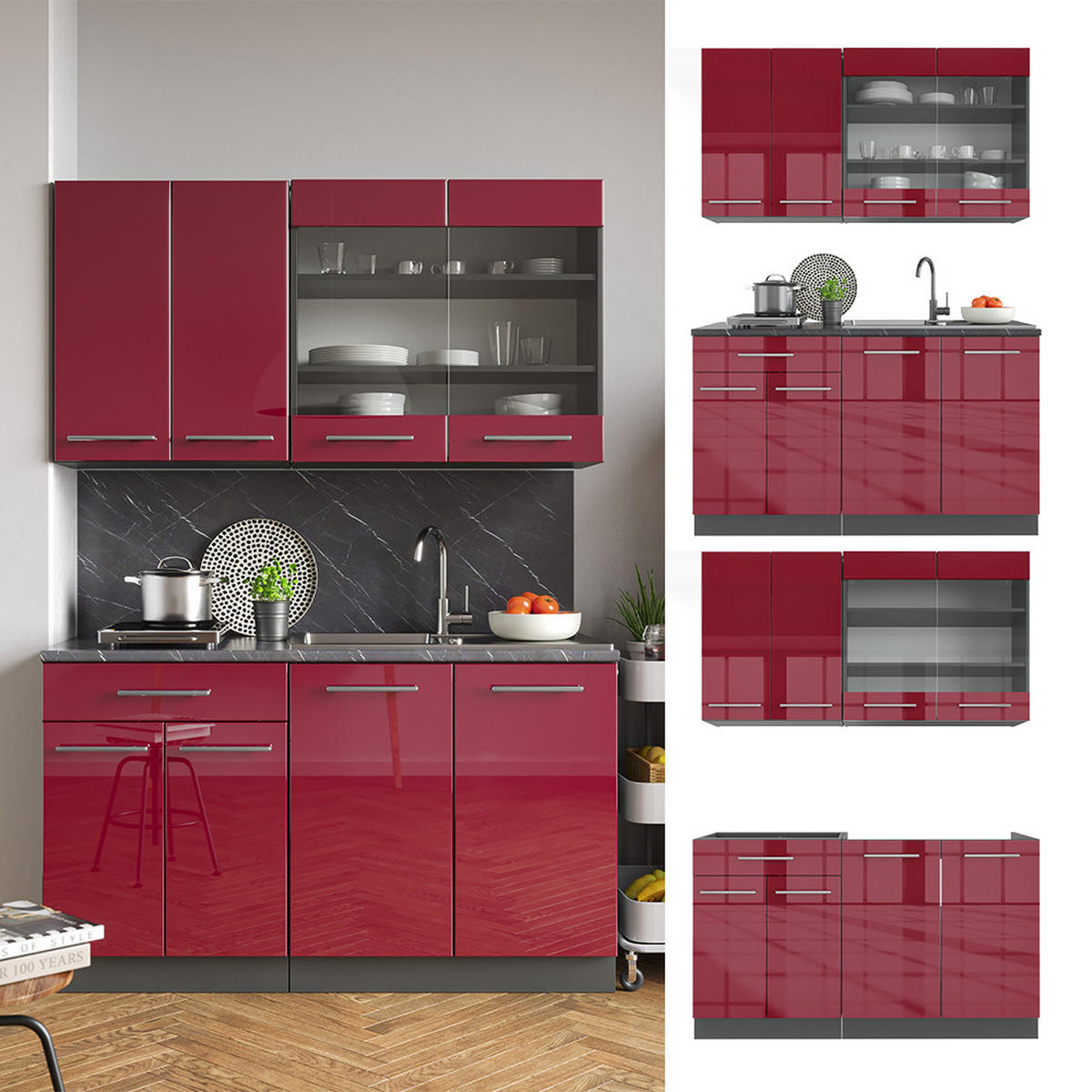 SINGLEKÜCHE Fame-Line Bordeaux Hochglanz/Anthrazit 140 cm, AP Marmor - Bordeaux/Anthrazit, Holzwerkstoff (140/81.6/60cm) - Vicco