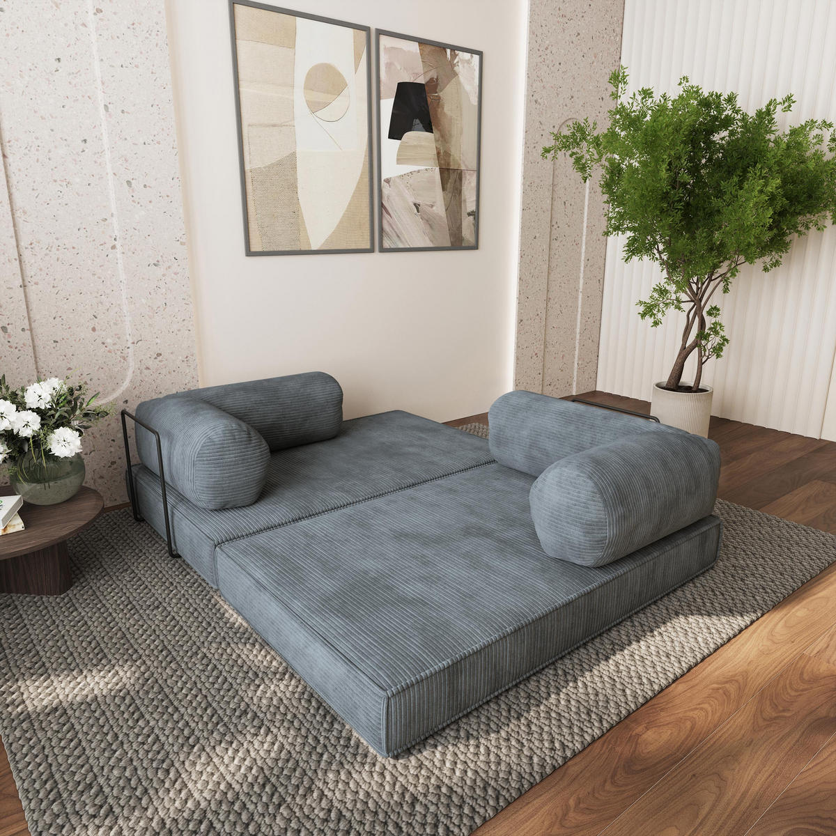 ECKSOFA ETERA modulares Boneless Sofa mit Schlaffunktion Grau Cordstoff - Grau, Textil (270/160cm) - MASSENO