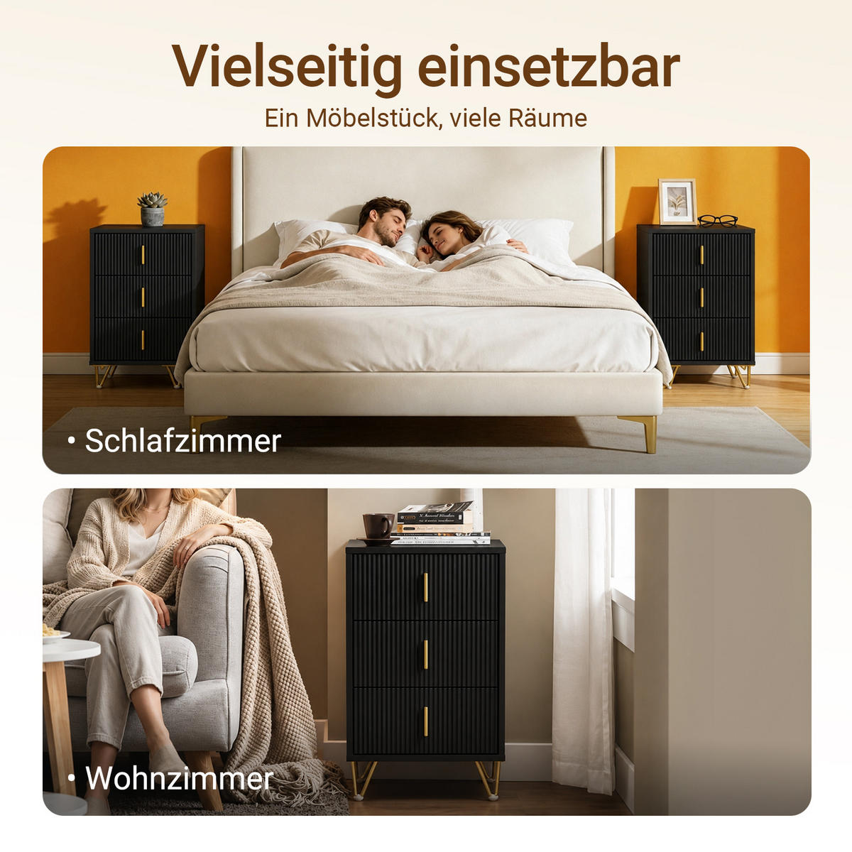 NACHTTISCH mit 3 Schubladen FBT115-L-SCHx2 - Schwarz, Holzwerkstoff (40/63/36cm) - SoBuy