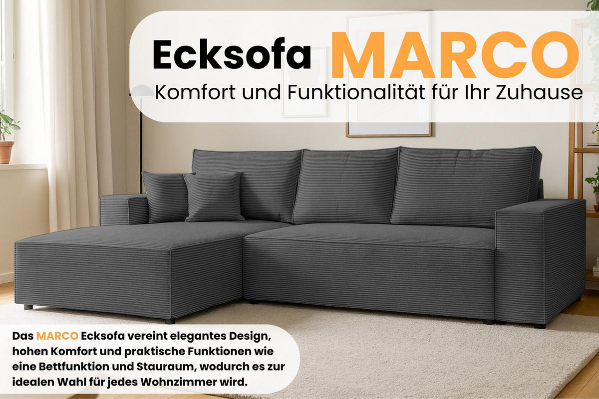 ECKSOFA MARCO 294/185 in Cord Anthrazit mit Schlaffunktion links - Anthrazit, Holz/Holzwerkstoff (294/185cm) - Deine Möbel 24