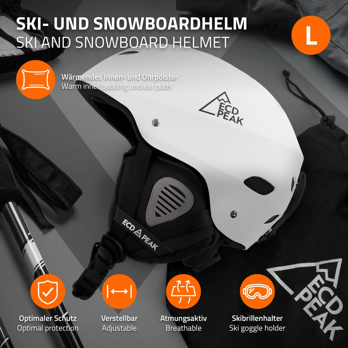 SKIHELM für Herren und Damen Snowboardhelm robust Weiß L 58-61 cm - Weiß, Kunststoff (30/24cm) - ECD-Germany