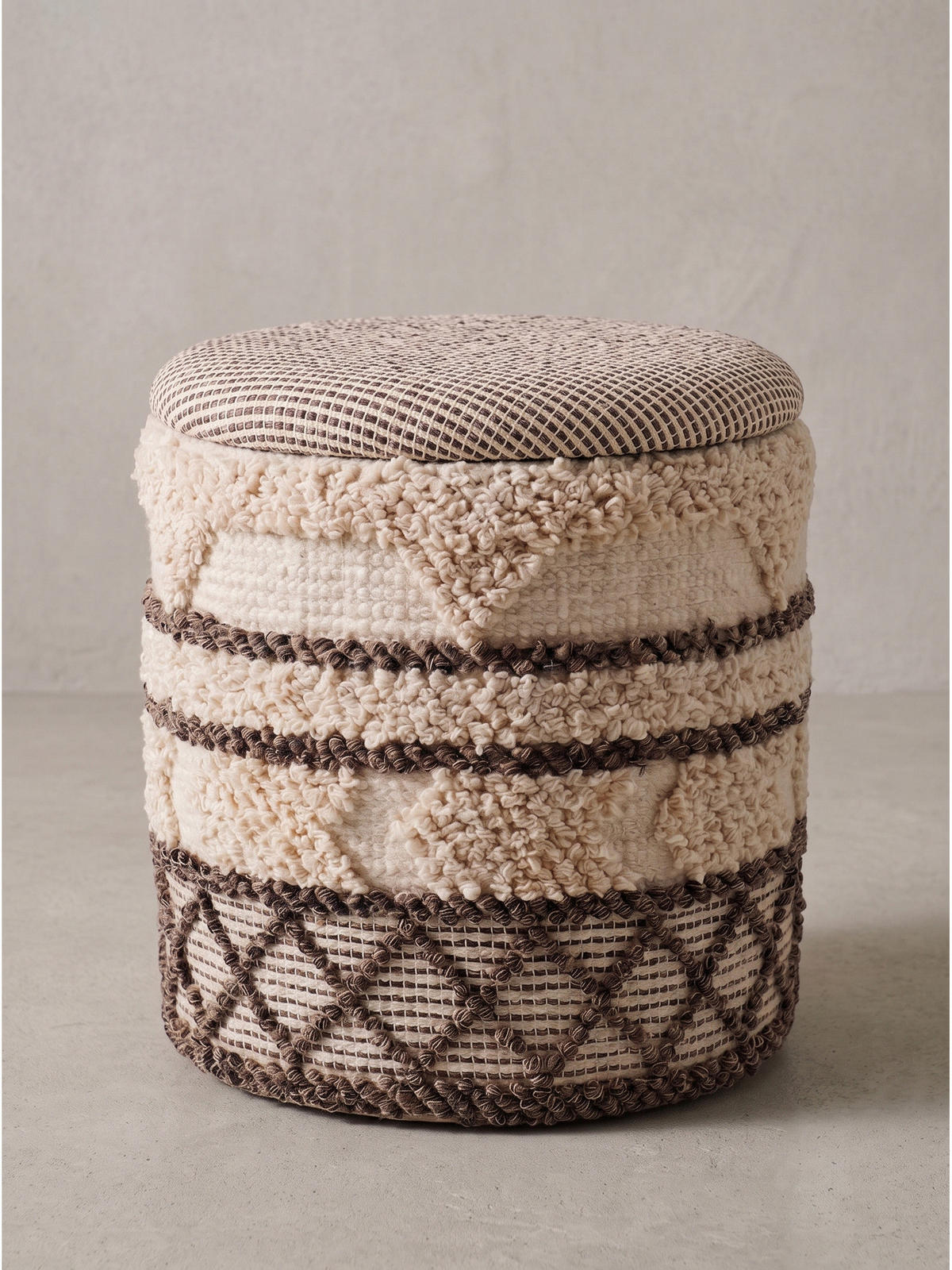 SITZHOCKER RHONE, Stoff, mit Textilbezug, mit Rauten, Beige-Braun, Ø 40 x 45 cm - Beige, Textil (40/45/40cm) - KADIMA DESIGN