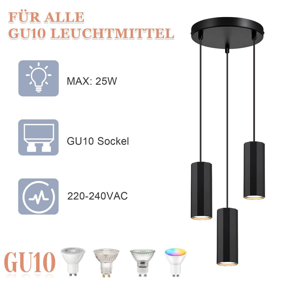 HÄNGELEUCHTE Stärke 3-flammig 20/20/170 cm - Schwarz, Metall (20/20/170cm) - Nettlife