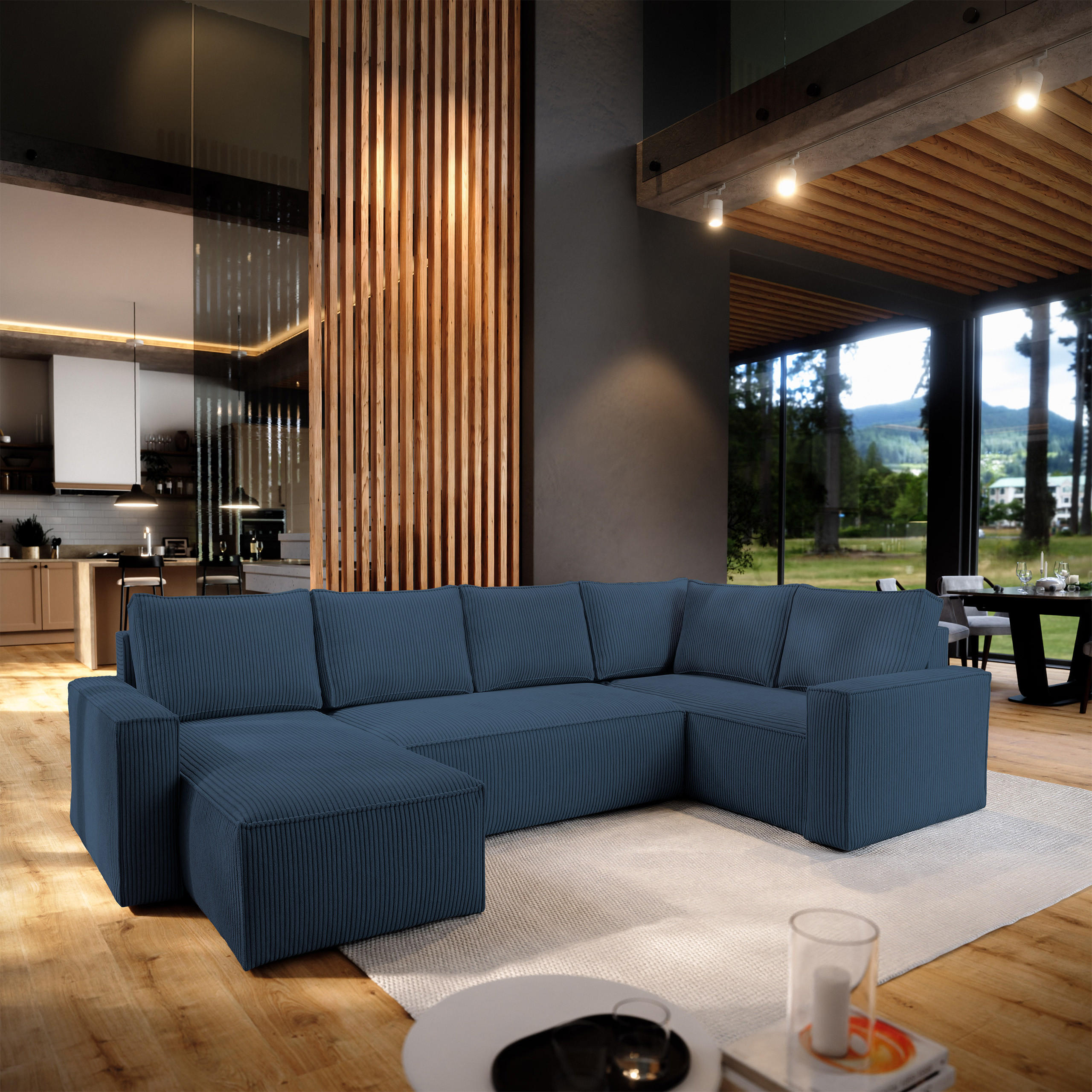 WOHNLANDSCHAFT NORENA R-S Blau Kordstoff mit Schlaffunktion - Blau, Holz (295/85/157.5cm) - MASSENO