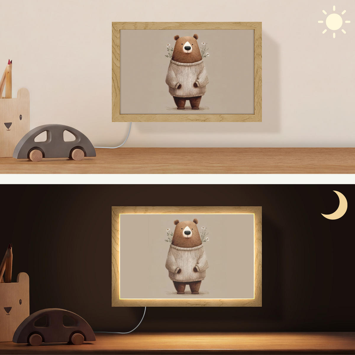 NÁSTĚNNÁ LAMPA Medvěd - Bílé květy - Cosy 30x20 cm - šedohnědá, kompozitní dřevo (30/20/8cm) - OnlyWow