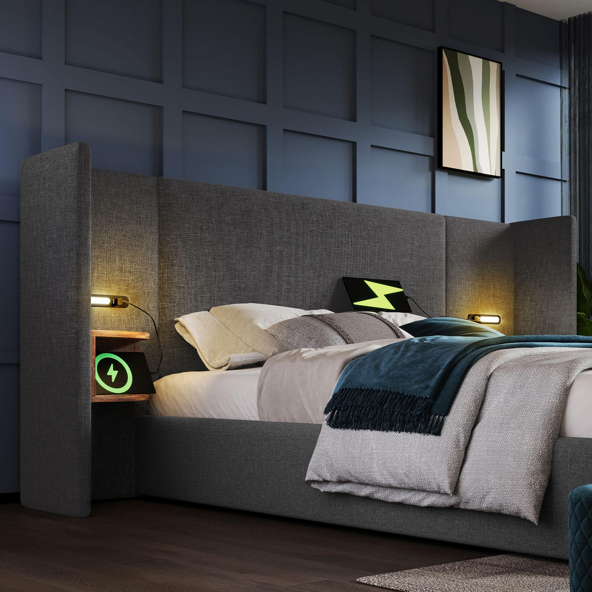 TAPECIRANI krevet 180/200 cm s hidrauličnim spremištem, LED čitačkom lampom, USB i Type-C priključcima, Siva - siva, tekstil (180/200cm) - Redom