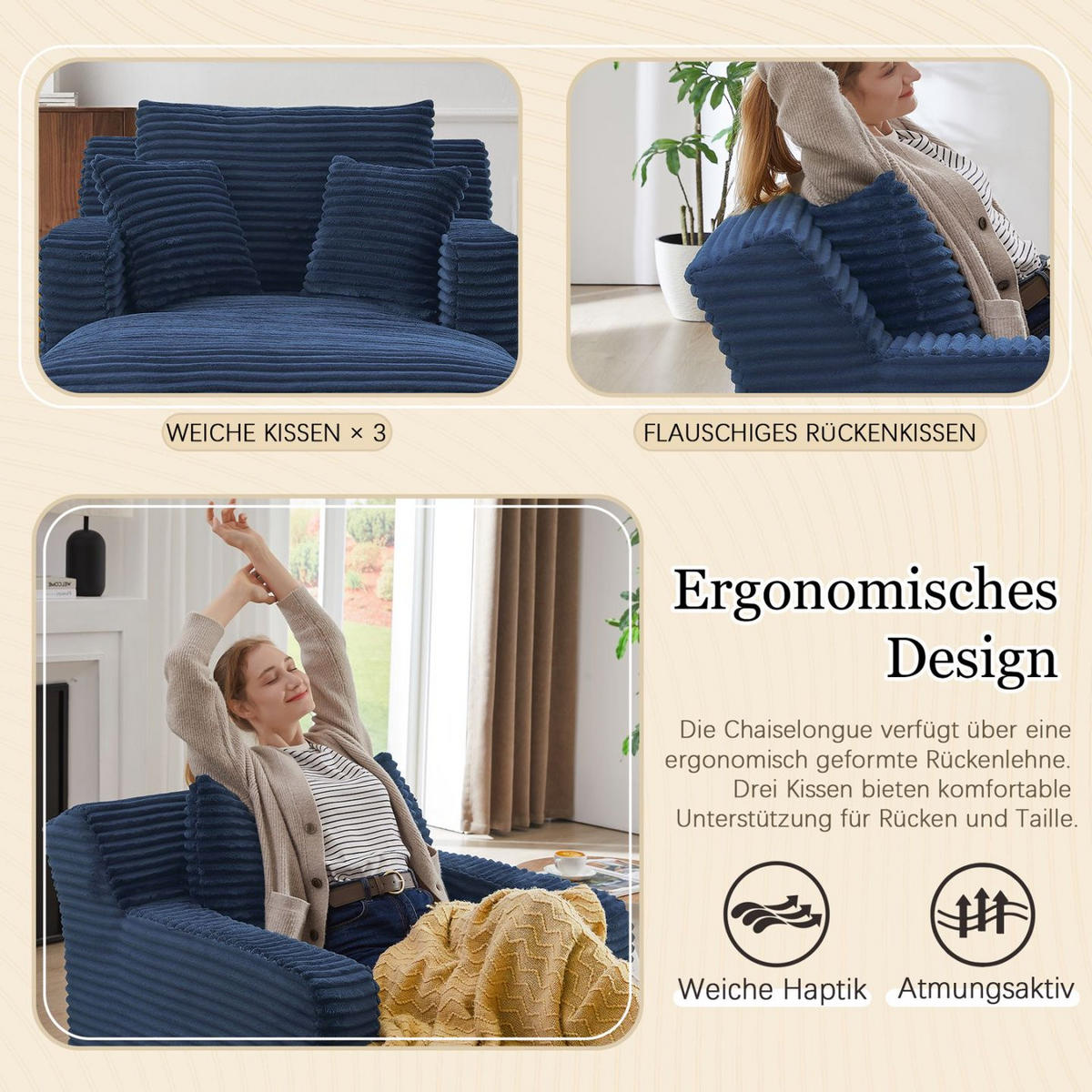 SOFA Cord Blau ohne Montage - Blau, Textil (100/82/166cm) - WISHDOR