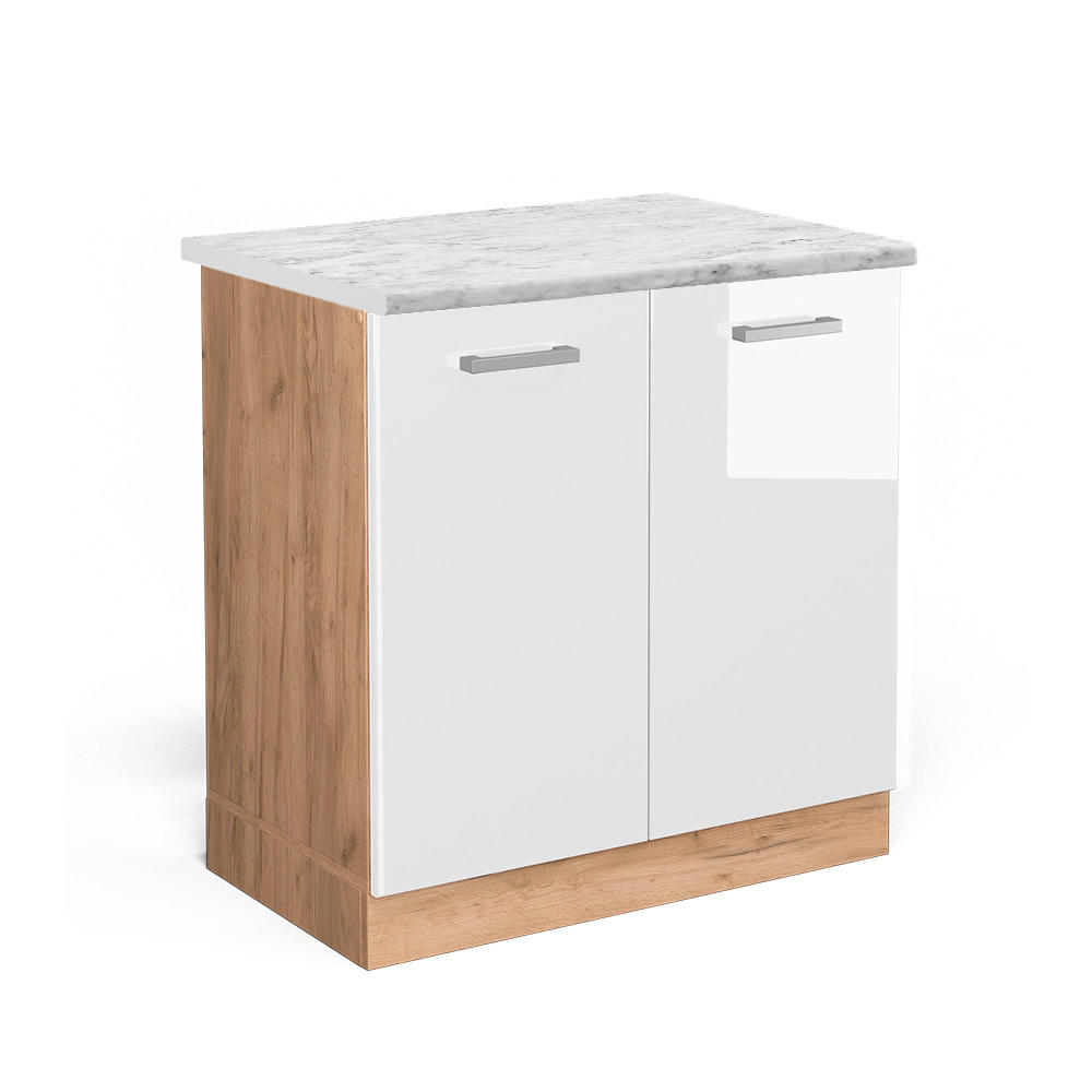 KÜCHENUNTERSCHRANK R-Line Weiß Hochglanz 80 cm AP Marmor - Weiß Hochglanz/Eiche Wotan, Holzwerkstoff (80/81.6/60cm) - Vicco