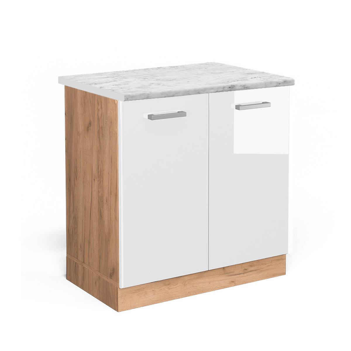 KÜCHENUNTERSCHRANK R-Line Weiß Hochglanz 80 cm AP Marmor - Honigeiche/Weiß Hochglanz, Holzwerkstoff (80/81.6/60cm) - Vicco