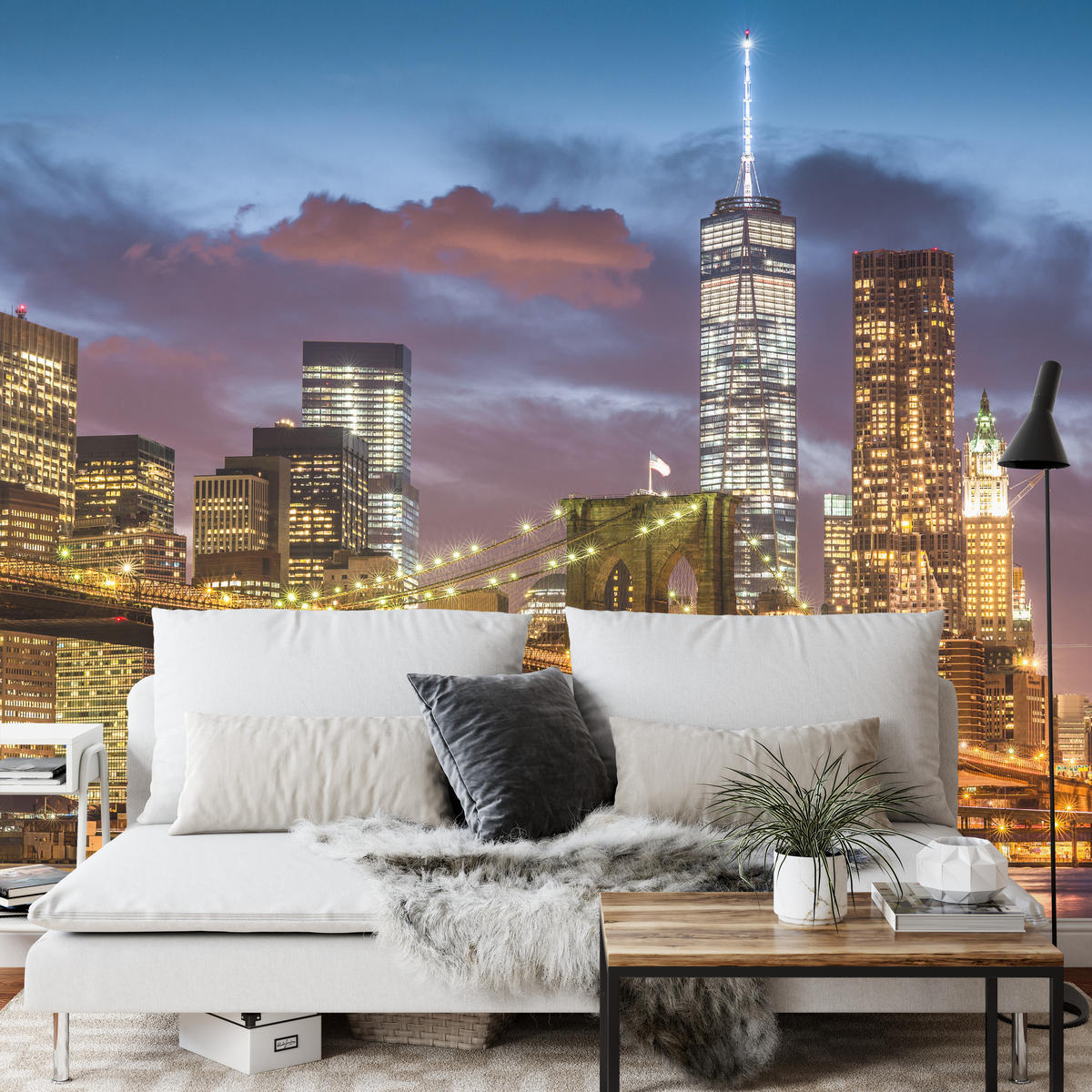 FOTOTAPETE für Wohnzimmer New York Nacht Brooklyn Bridge Wolkenkratzer 300x210 - Blau/Gelb, Papier (300/210cm) - Muralo