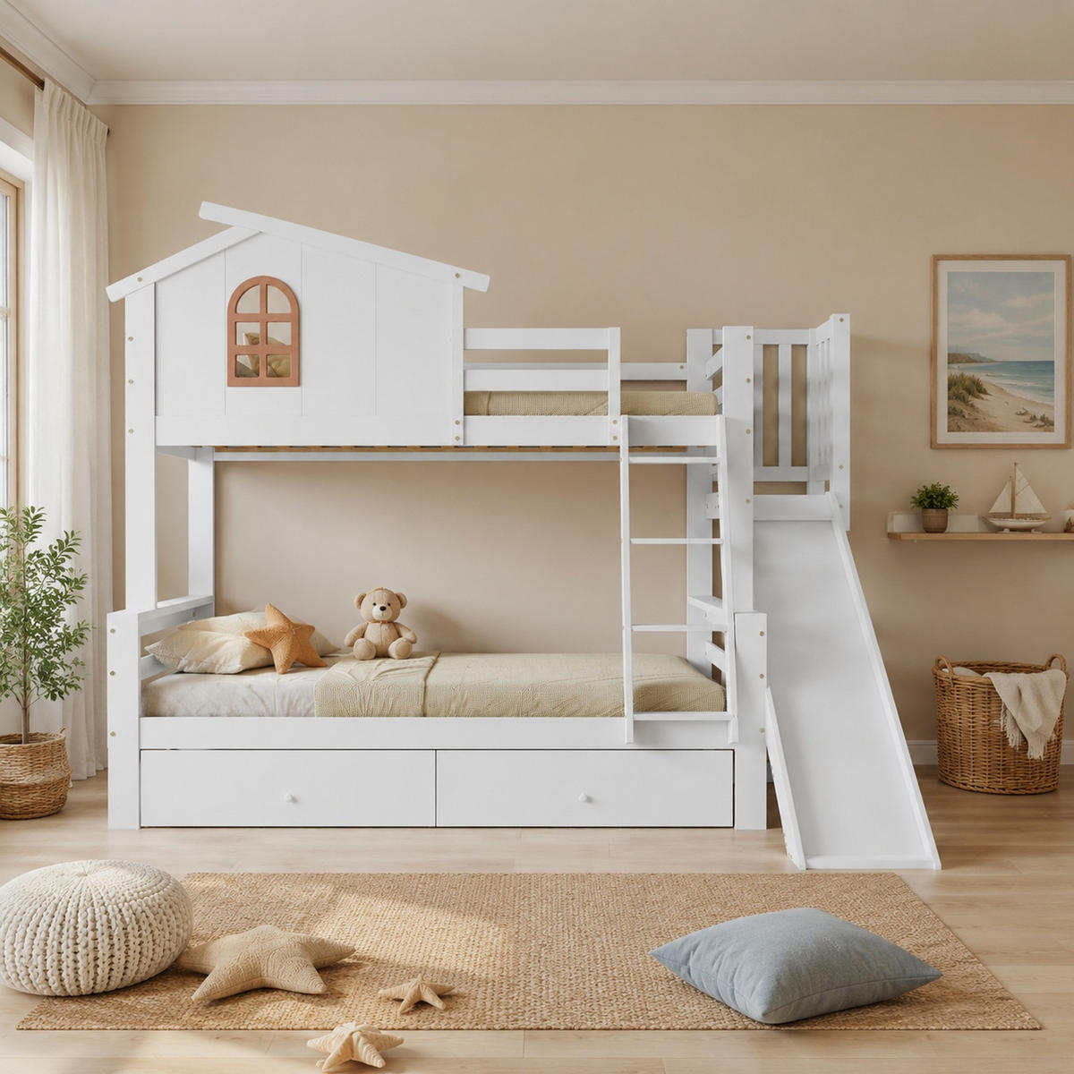ETAGENBETT 90/200+120/200 mit Rutsche, Schubladen und Fenster in Weiß - Weiß, Holz/Holzwerkstoff (90/200cm) - EVRYAE