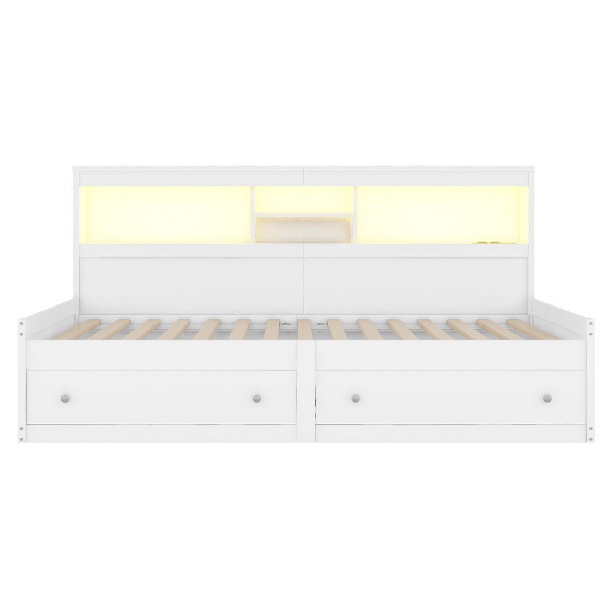 TAGESBETT 90/200 cm mit LED-Ambientebeleuchtung, 2 USB-Anschlüssen, 2 Steckdosen, 2 Schubladen und Spanplatte/MDF, Weiß/Natur - Weiß, Holzwerkstoff (90/200cm) - Redom