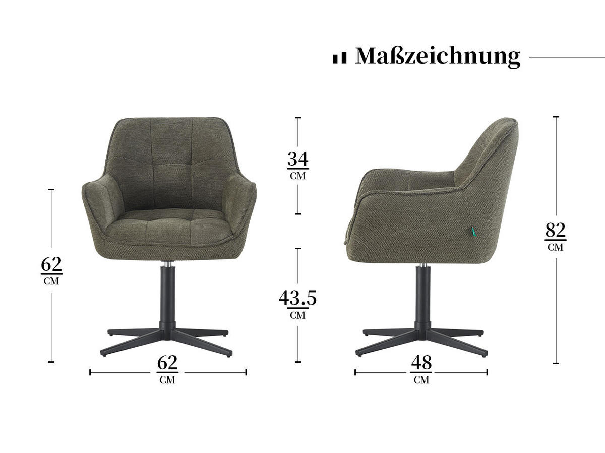 ESSZIMMERSTUHL THOMAS-KIRA 2er-Set 360°drehbar - Dunkelgrün/Schwarz, Textil (61/81/62cm) - DUBI Möbel