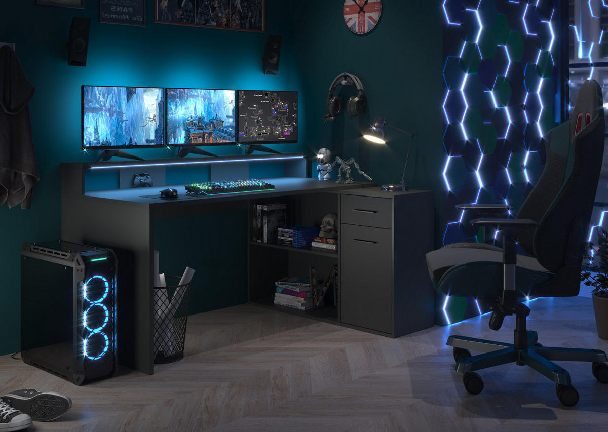 SCHREIBTISCH dunkelgrau / anthrazit 160 - 200 x 92 cm, Eckschreibtisch mit Stauraum - Dunkelgrau/Anthrazit, Holzwerkstoff/Kunststoff (115/160/92cm) - Top.Furn