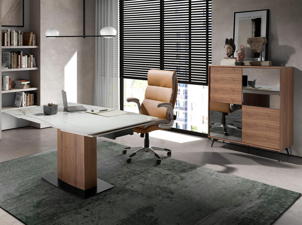 ESSTISCH Ausziehbarer Esstisch ovales Fass porzellanmarmor aus Walnuss Ø160/100/76 cm - Walnussfarben/Schwarz, Stein (100/160/76cm) - ANGEL CERDA