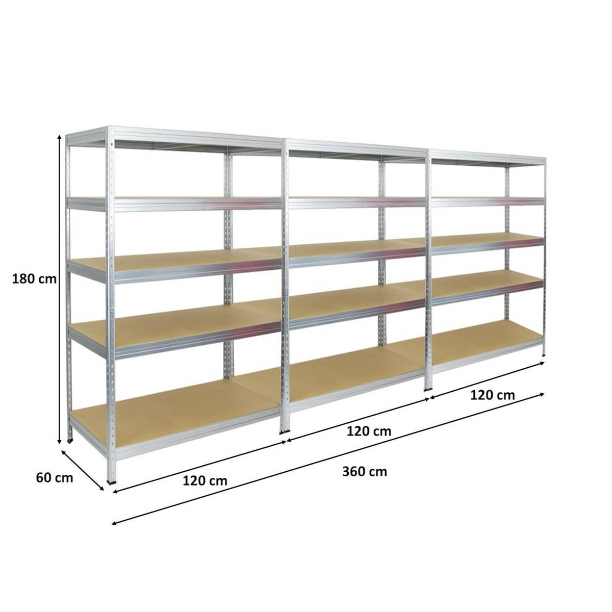 SCHWERLASTREGAL Rivet 3er-Set mit 3x 180x120x60 cm Fachlast 250 kg Verzinkt - Silberfarben, Metall (360/180/60cm) - PROREGAL
