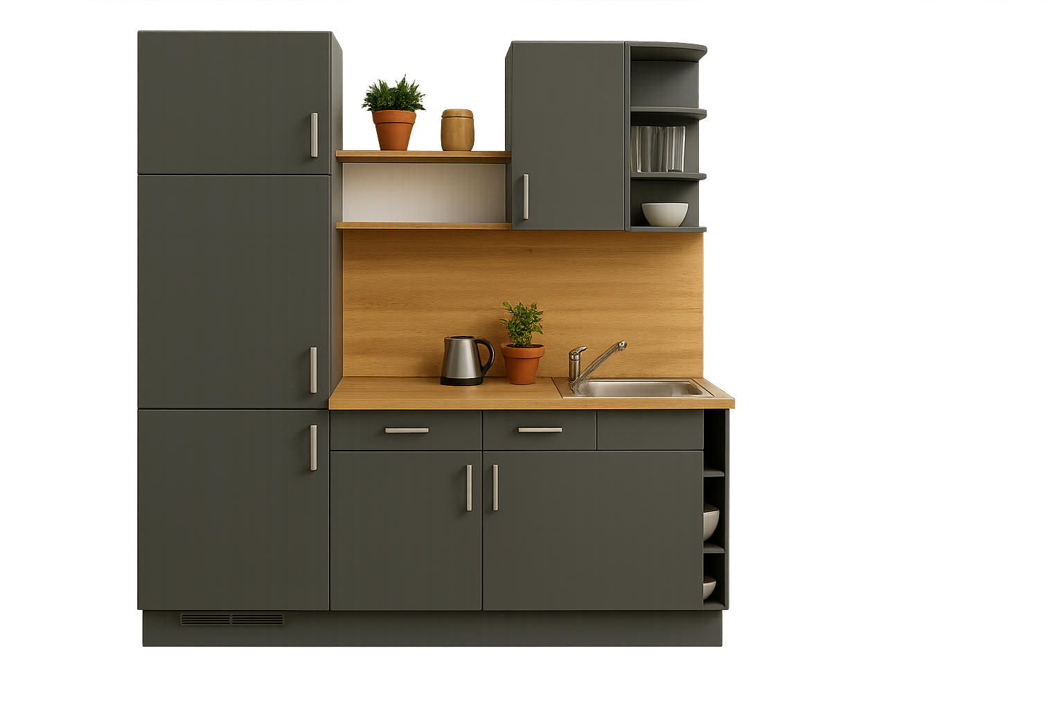 KÜCHENLEERZEILE „Chemnitz“ 190 cm – ohne E-Geräte – Diamantgrau – mit Zubehör - Edelstahlfarben/Anthrazit, Holzwerkstoff/Metall (190/210/60cm) - GEBA