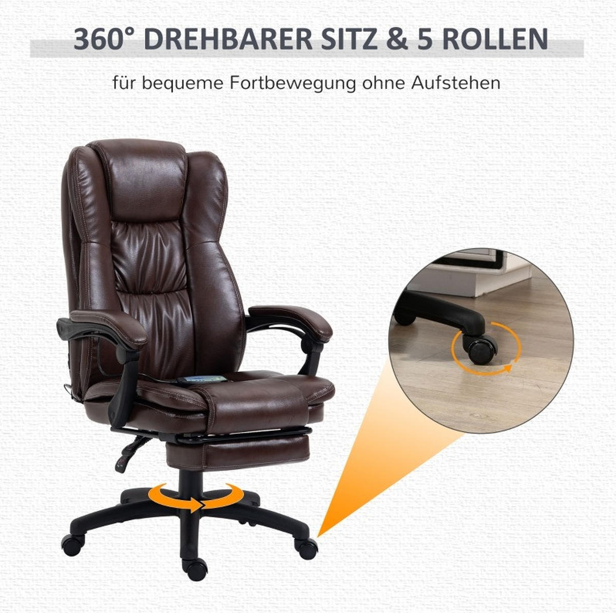 BÜROSTUHL in Braun 68,5x68,5x121 cm mit Massagefunktion, verstellbarer Rückenlehne und Fußstütze - Braun, Kunststoff (68.5/121/68.5cm) - IVMEU