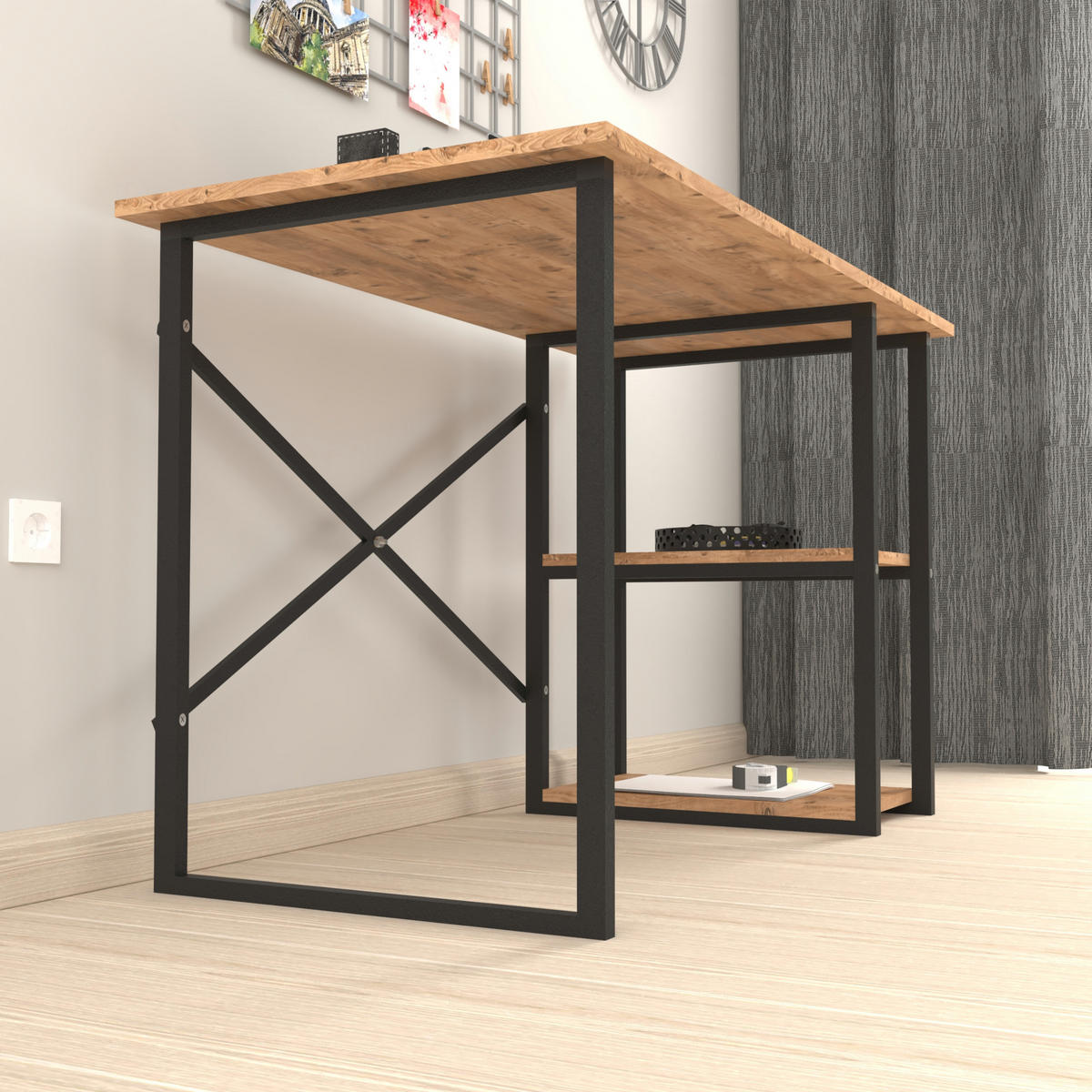 SCHREIBTISCH Nittedal - Eichefarben/Schwarz, Holzwerkstoff/Metall (60/120/75cm) - [en.casa]