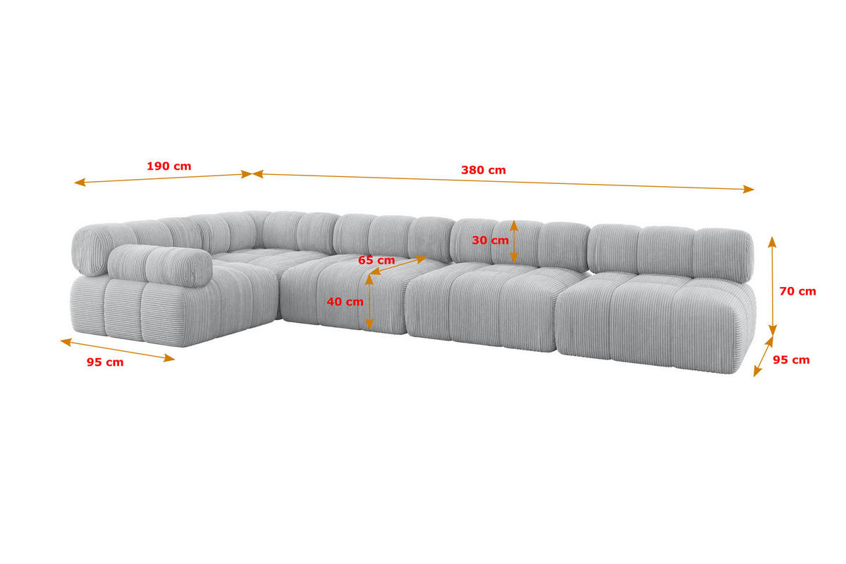 ECKSOFA modulares Sofa Mende-L3 - 380x190x70 cm Grau Cord - Grau, Holzwerkstoff/Textil (380/190cm) - ALTDECOR