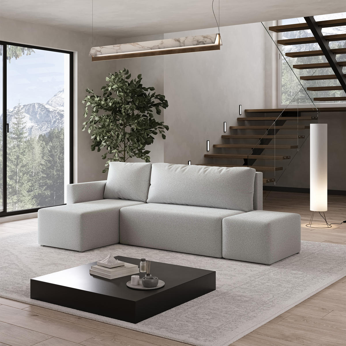 ECKSOFA VELOTTI L-S Hellgrau Boucle-Stoff mit Schlaffunktion - Hellgrau, Holz (261/143cm) - MASSENO