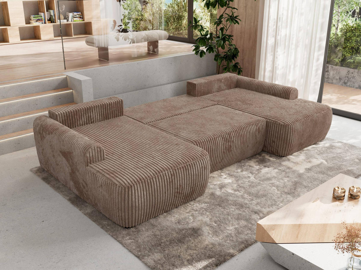 WOHNLANDSCHAFT CUBO U Braun Cord - Schwarz/Braun, Kunststoff/Textil (370/100/187cm) - MKS