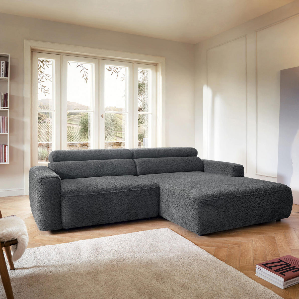 ROHOVÁ pohovka Fando s elektricky výsuvným sedákem, tmavě šedý ženil - černá/tmavě šedá, textil/plast (182/252cm) - Selsey