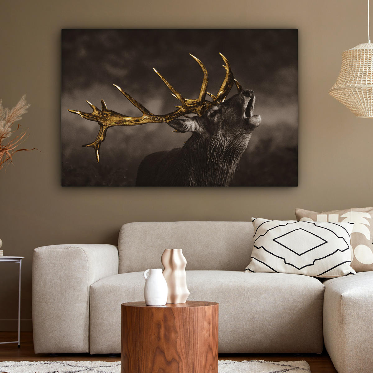 LEINWANDBILD Rotwild - Schwarz - Gold Groß 140x90 cm - Braun, Textil (140/90cm) - MuchoWow