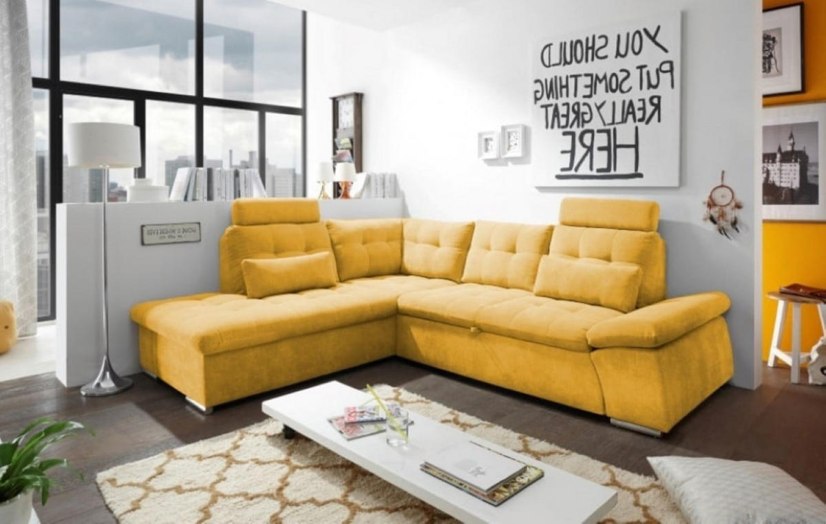 ECKSOFA mit Schlaffunktion, Bettkasten und verstellbarer Armlehne - Chromfarben/Gelb, Textil (260/219cm) - ed exciting design