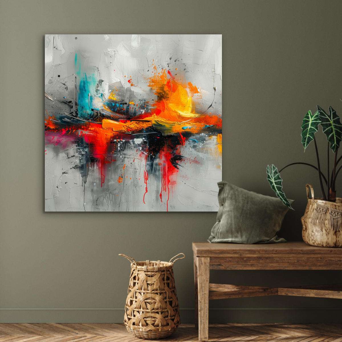KOVOVÝ OBRAZ Moderné umenie - Oranžová - Sivá - Abstraktné 90x90 cm - svetlosivá, kov (90/90cm) - MuchoWow