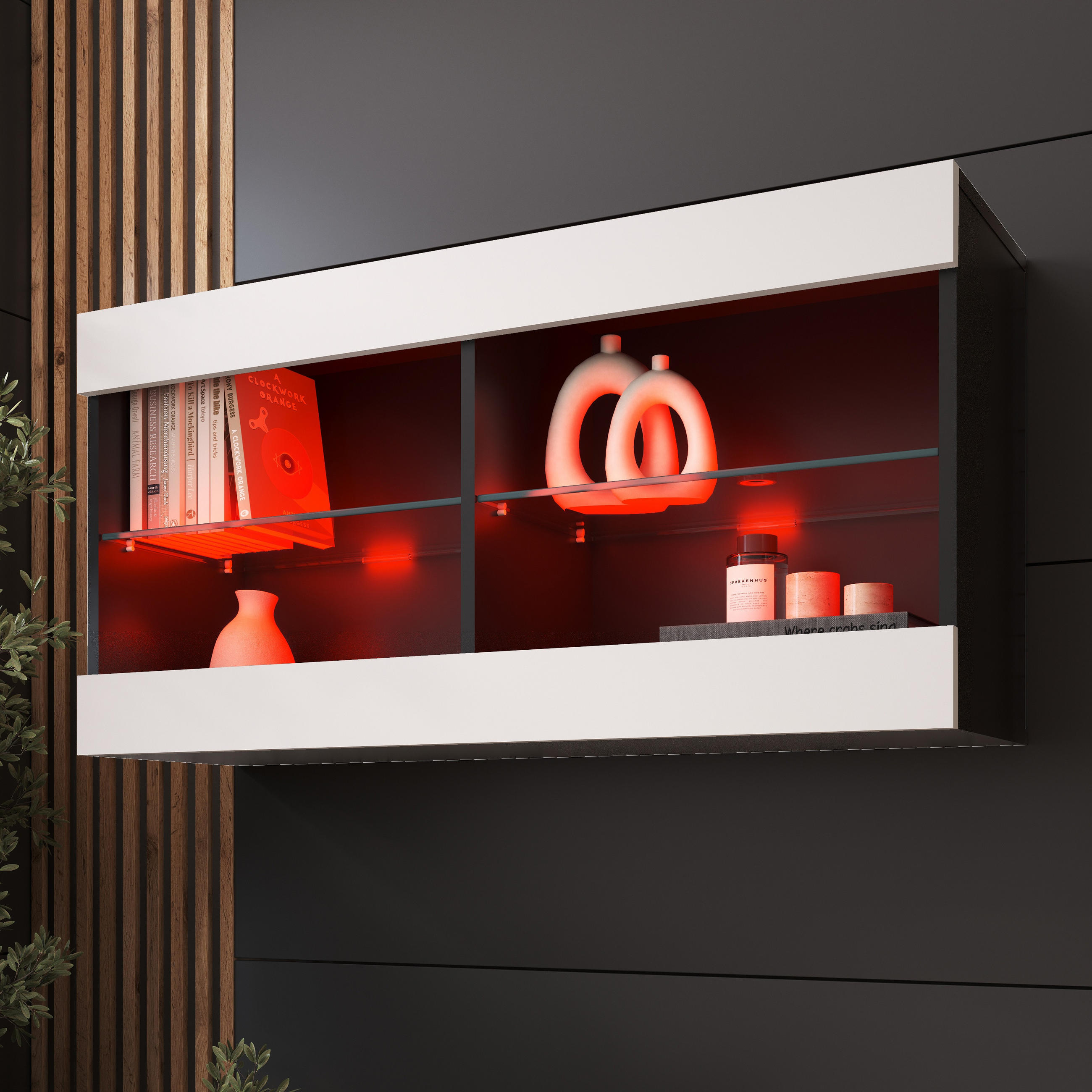 HÄNGEVITRINE TIVOLI HORIZONTAL 100, Weiss, LED Mehrfarbige - Schwarz/Weiß, Glas/Holzwerkstoff (100/50/29.5cm) - Komodee