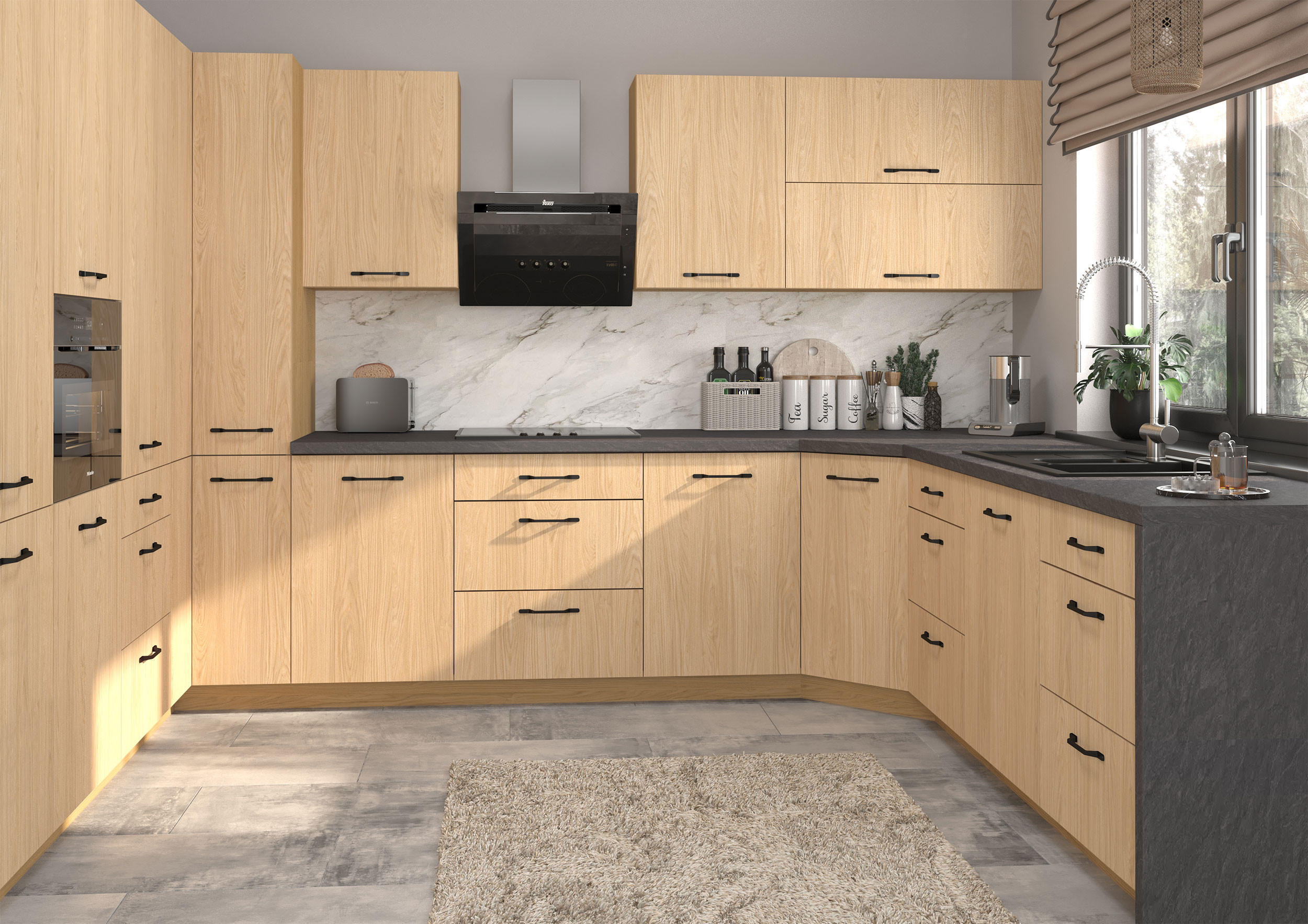 KÜCHENZEILE Casella 15-teilig Eiche Artisan / Casella Eiche Natur hell - Hellbraun/Eiche Artisan, Holzwerkstoff/Metall (360/207/270cm) - Feldmann-Wohnen