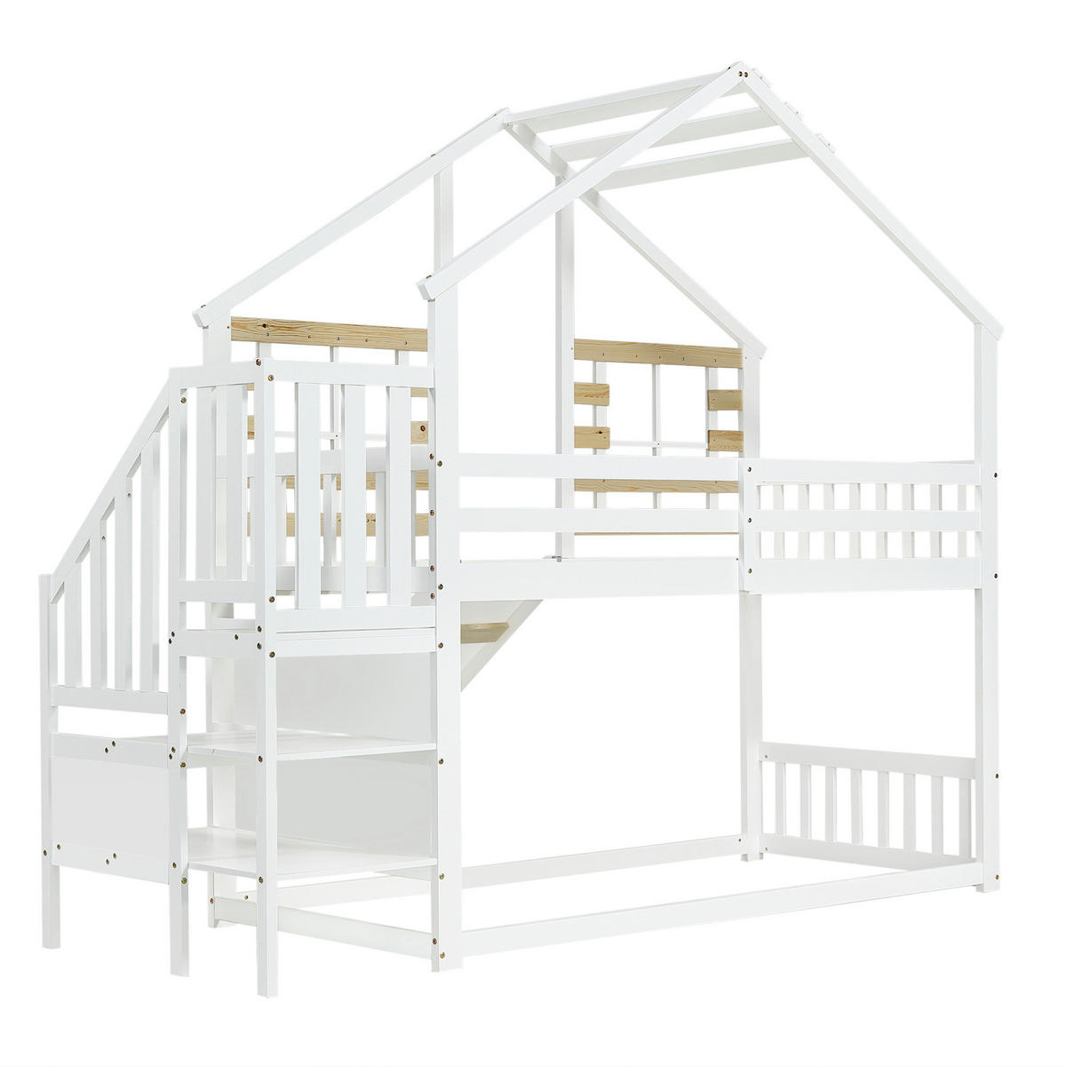 ETAGENBETT mit Rutsche und Treppe 90x200 cm Weiß und Natur - Weiß, Holzwerkstoff (90/200cm) - Beauniv